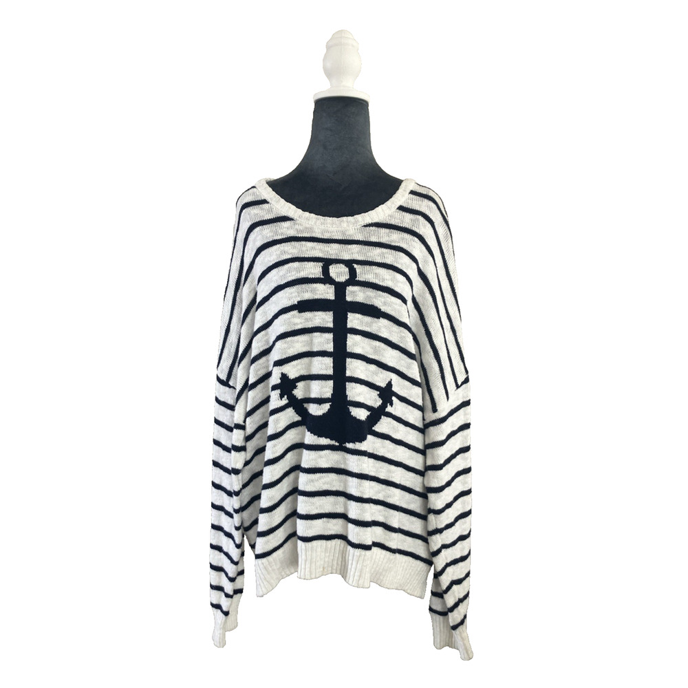 Knit Sweater Anchor Nautical Womens Cotton Long Sleeve Strips Costal Blue 2XL